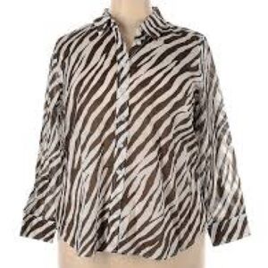 Talbots 100% cotton semi sheer brown zebra print button up shirt, size 2XL
